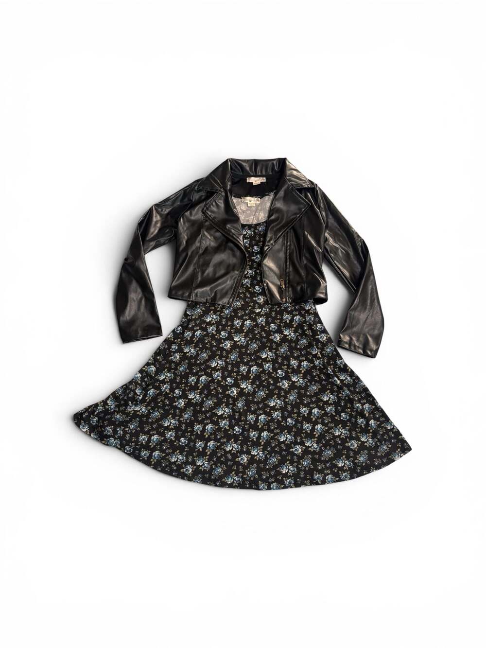 Knitworks Girls 2-Piece Black Floral Sleeveless Dress and Faux Leather Jacket Se